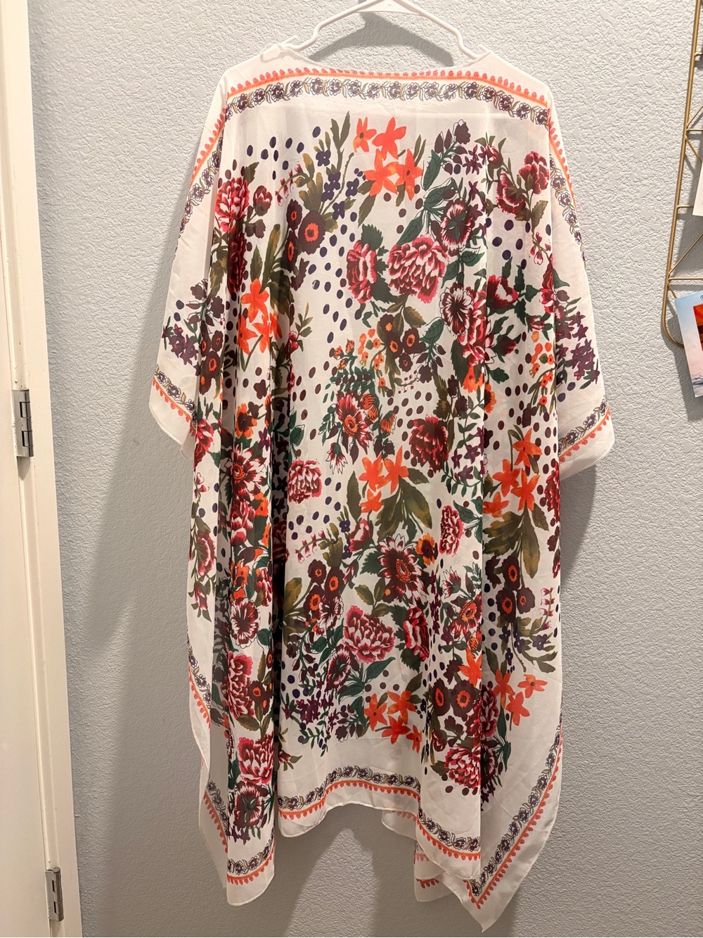 White Floral Kimono Cover-Up with Orange & Green Accents